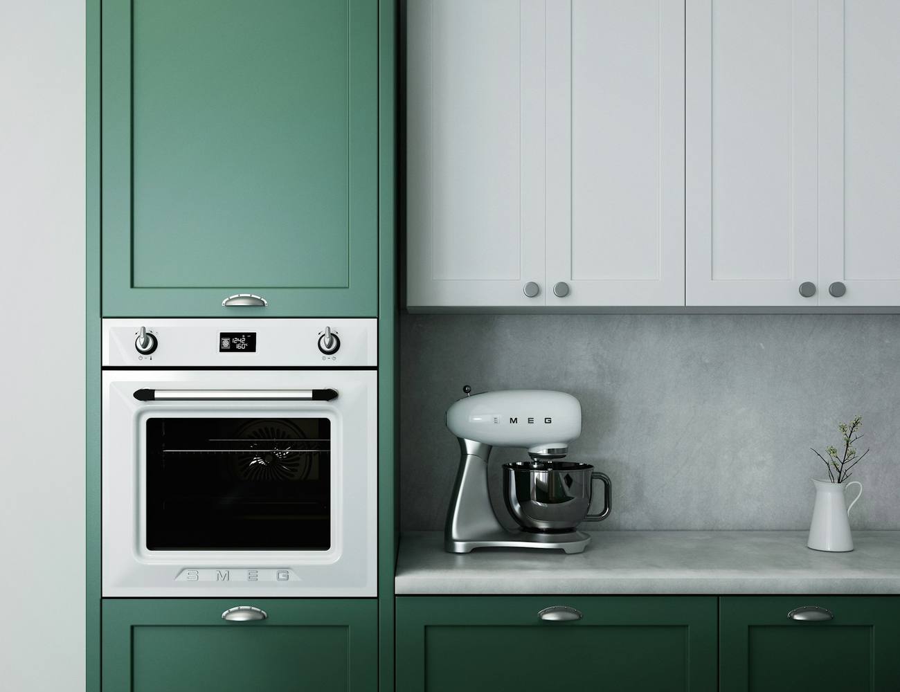 Kitchen with green cabinets, a built-in wall oven and small appliances